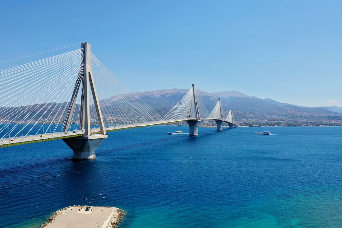 Rio - Antirrio Bridge, bird's eye view. Connecting Mainland Greece to Peloponese region